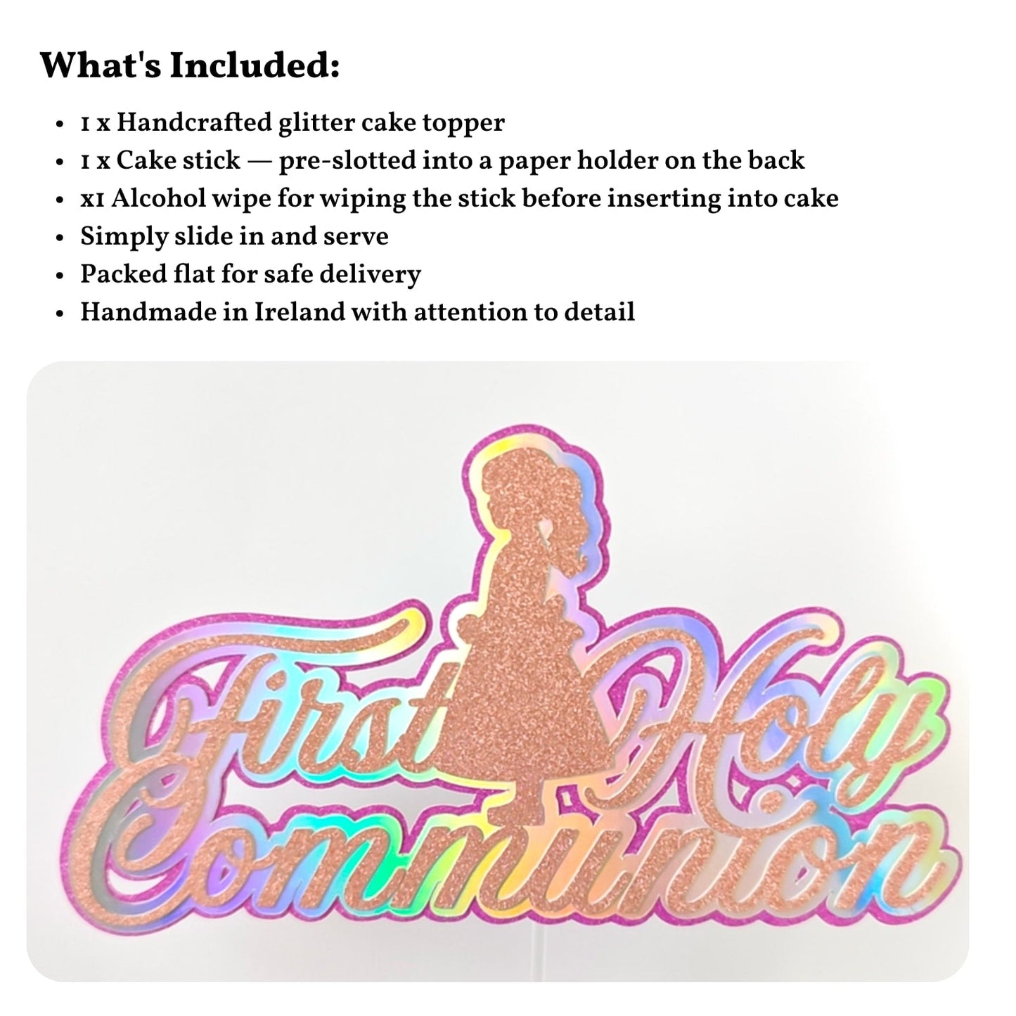 First Holy Communion Cake Topper, Holographic Rainbow Script with Praying Girl - Cake Topper - Printarelle