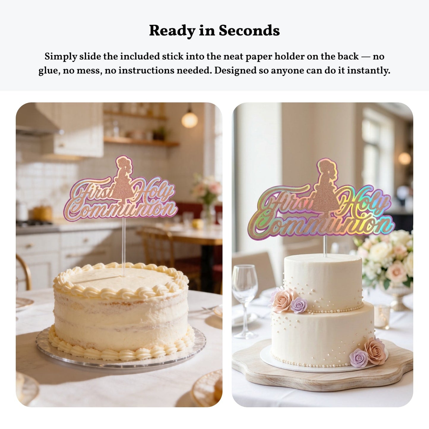 First Holy Communion Cake Topper, Holographic Rainbow Script with Praying Girl - Cake Topper - Printarelle