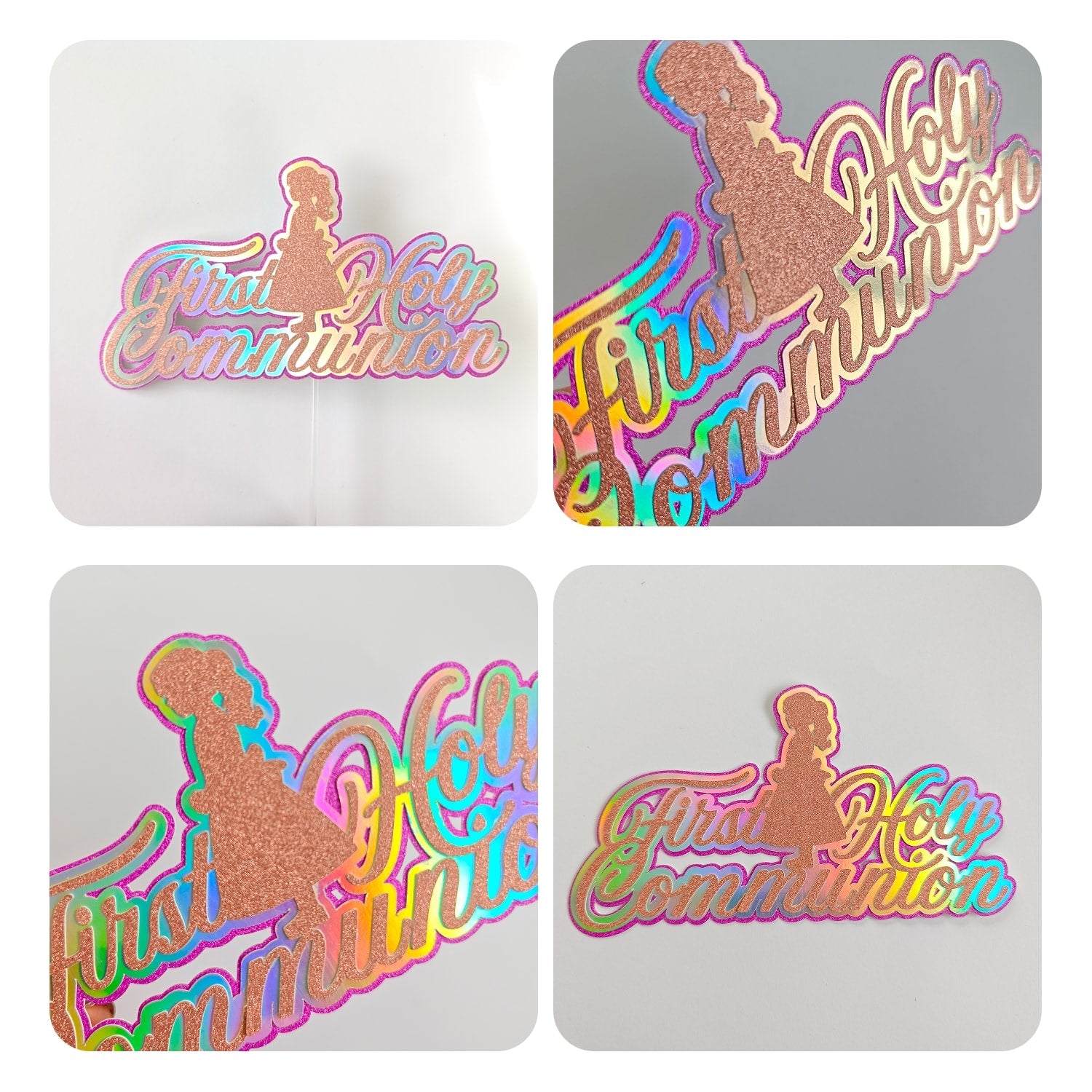 First Holy Communion Cake Topper, Holographic Rainbow Script with Praying Girl - Cake Topper - Printarelle