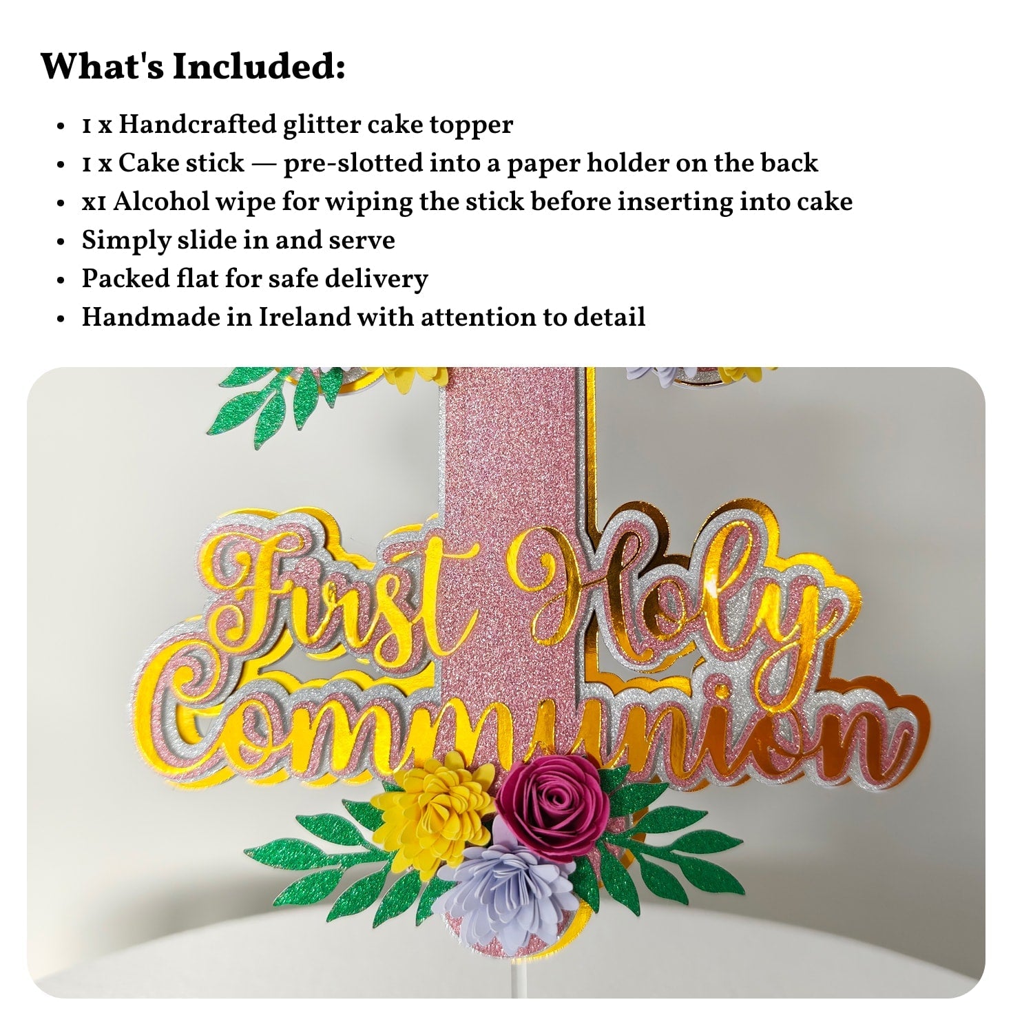 First Holy Communion Cake Topper - Pink Glitter Cross with Paper Flowers - Cake Topper - Printarelle