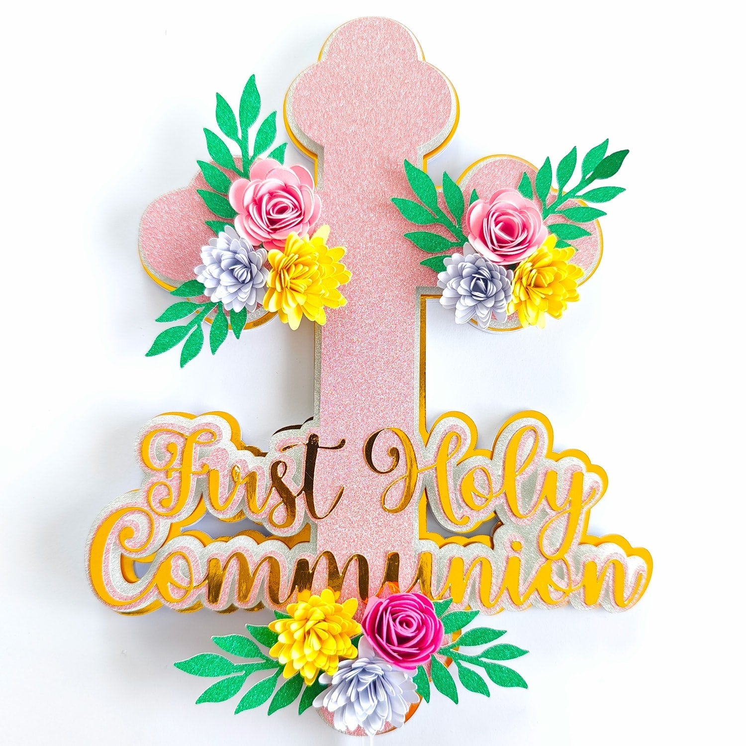First Holy Communion Cake Topper - Pink Glitter Cross with Paper Flowers - Cake Topper - Printarelle