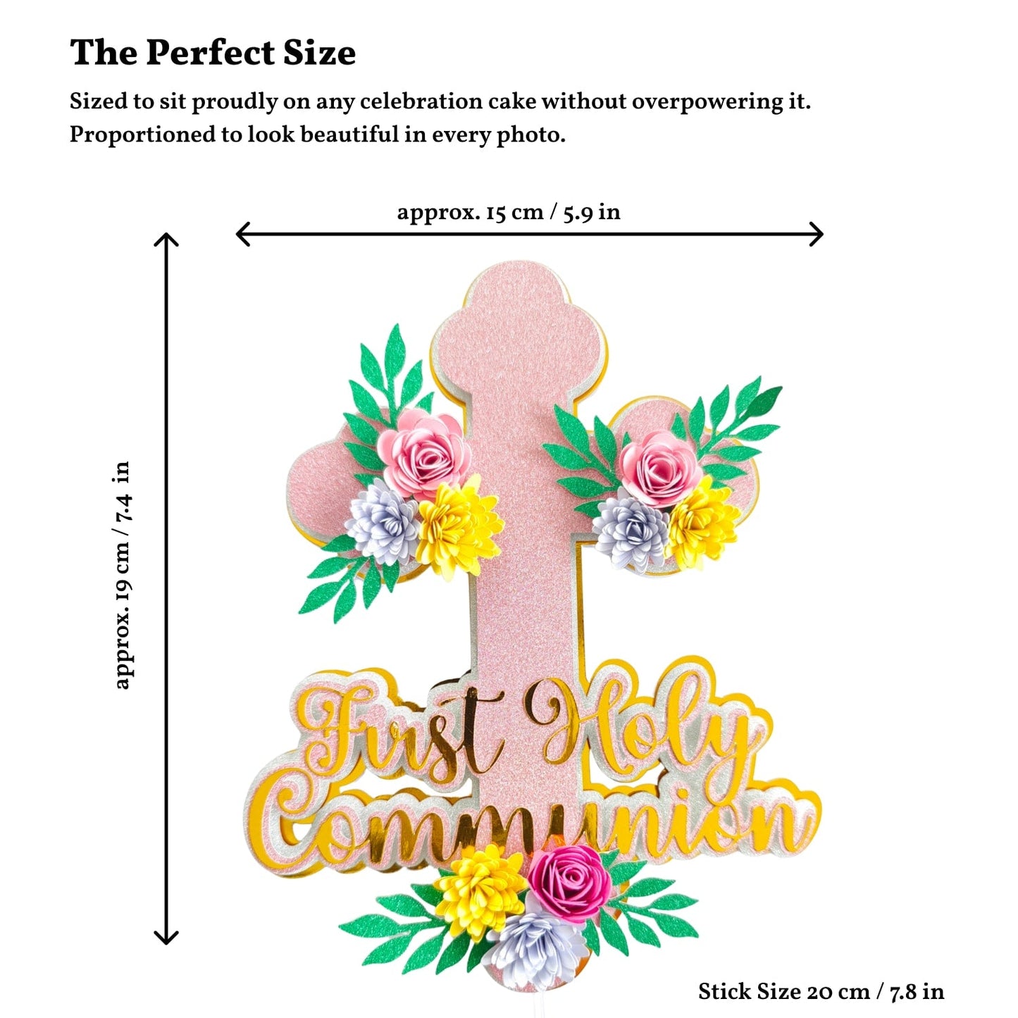 First Holy Communion Cake Topper - Pink Glitter Cross with Paper Flowers - Cake Topper - Printarelle