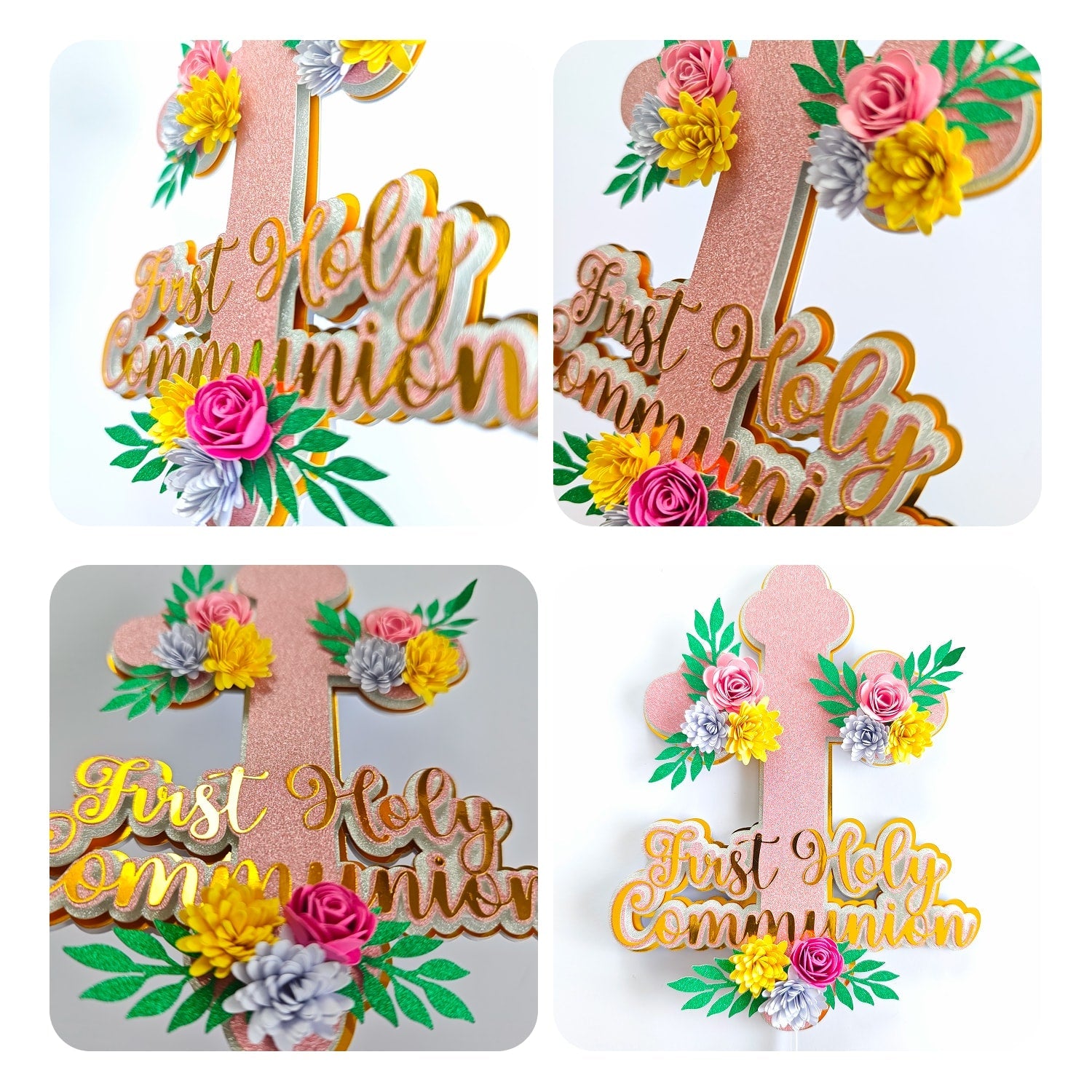 First Holy Communion Cake Topper - Pink Glitter Cross with Paper Flowers - Cake Topper - Printarelle