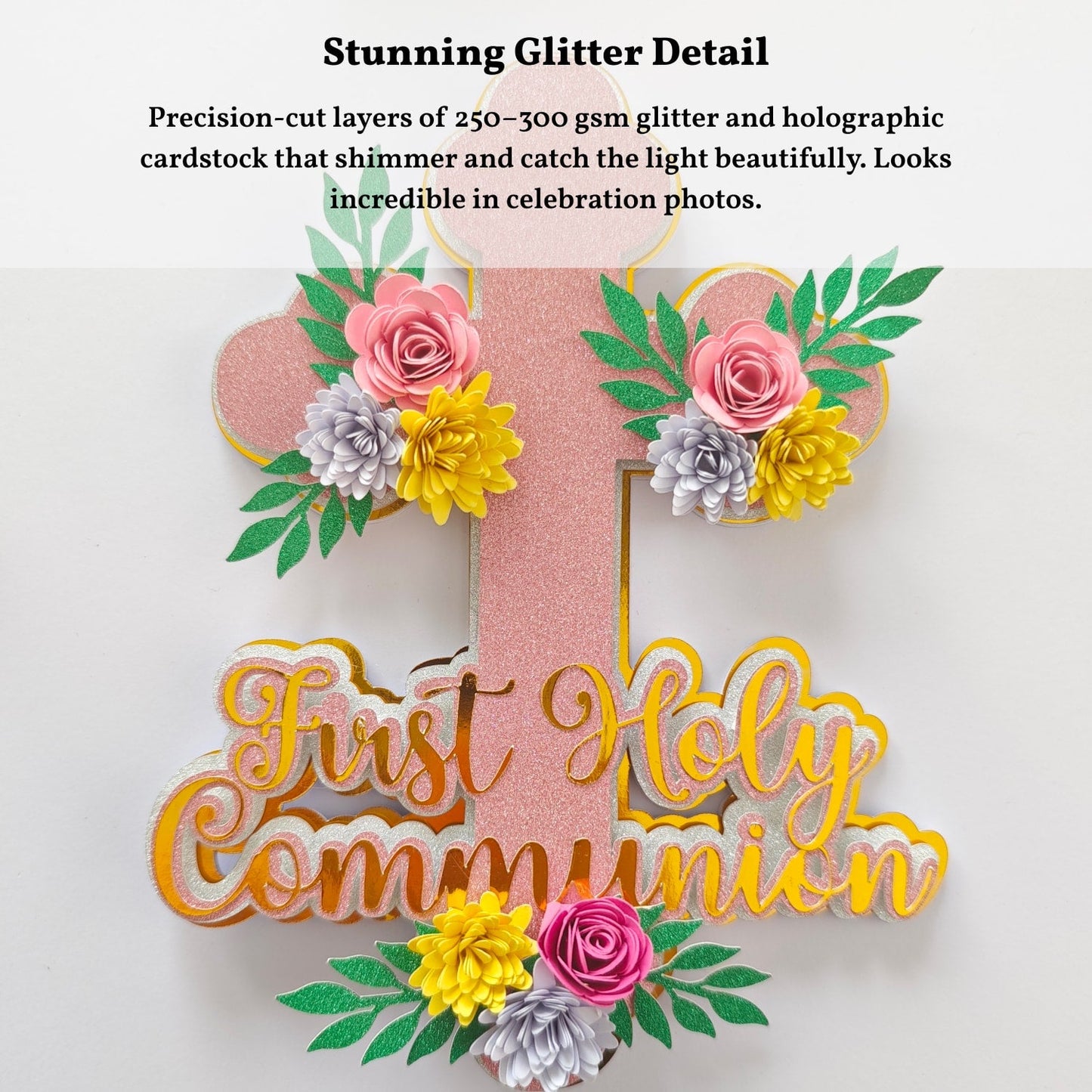 First Holy Communion Cake Topper - Pink Glitter Cross with Paper Flowers - Cake Topper - Printarelle
