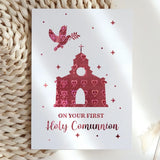 First Holy Communion Card - Church & Dove Foil - Greeting Card - Printarelle