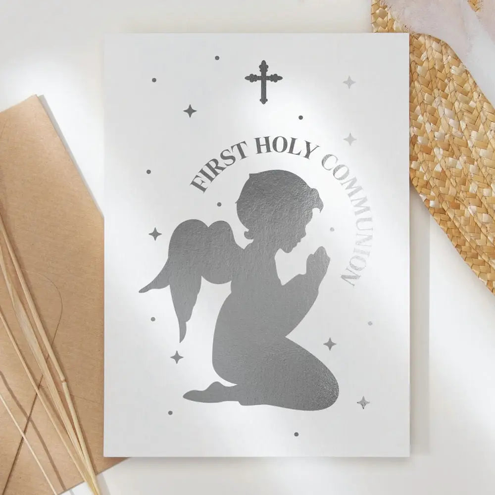 first holy communion greeting card praying child foil printarelle