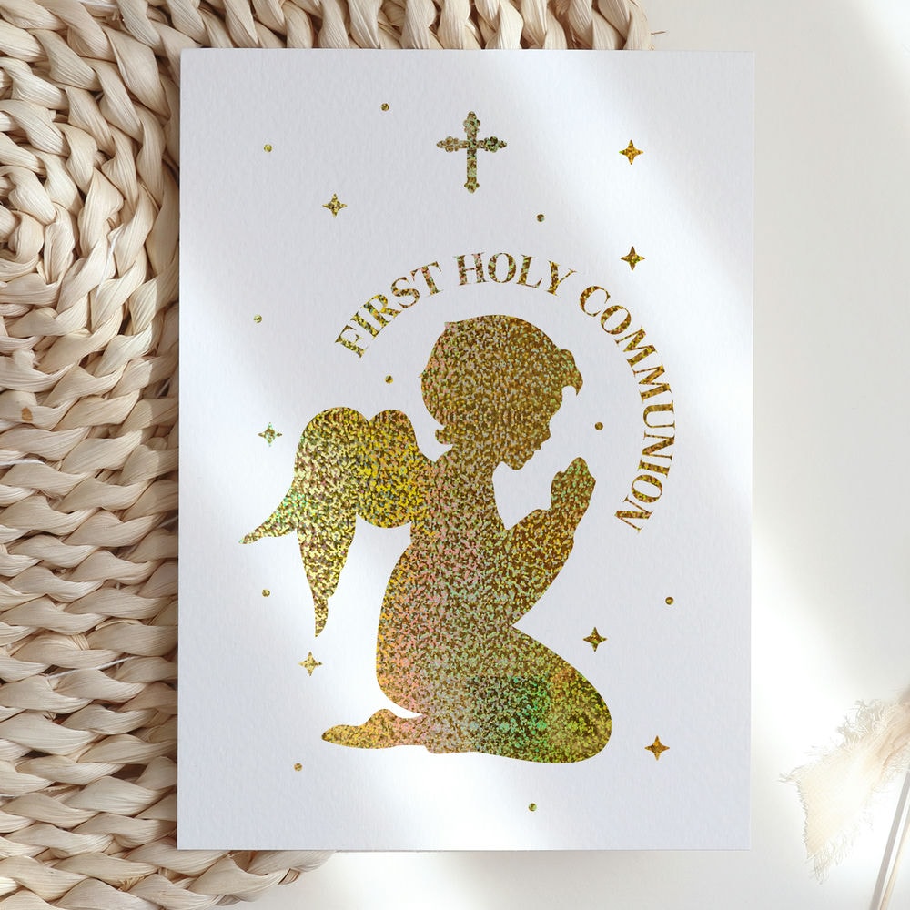 First Holy Communion Card - Praying Child Foil - Greeting Card - Printarelle