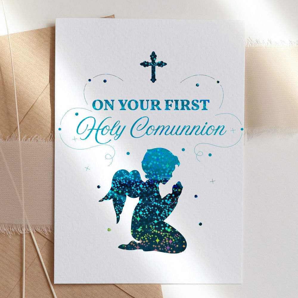 First Holy Communion Card Praying Child Foil - Handmade Ireland ...