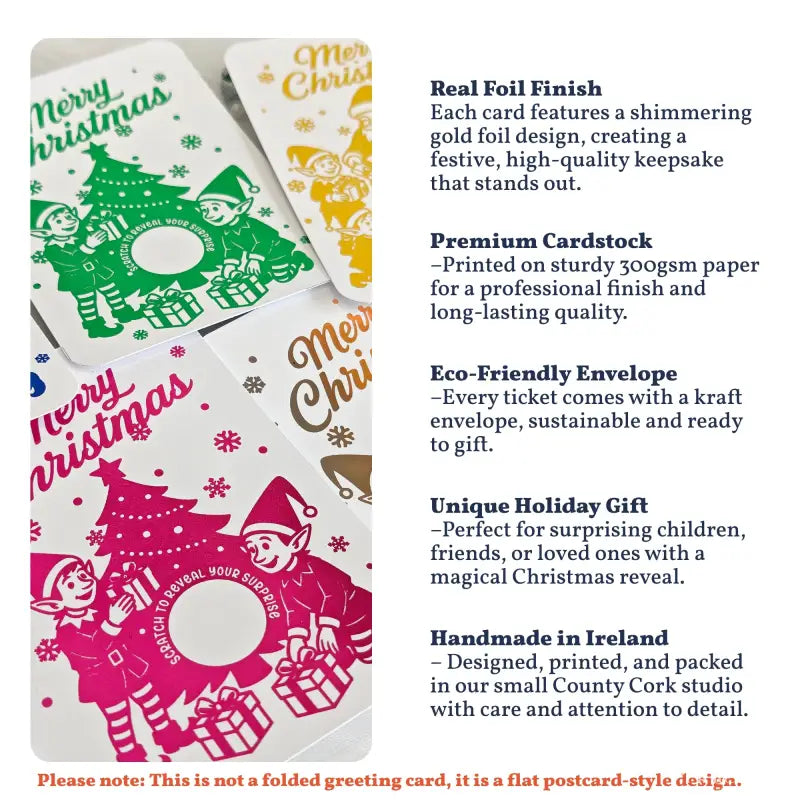 Christmas-themed postcards with gold foil finish and eco-friendly envelopes, displayed with product details.