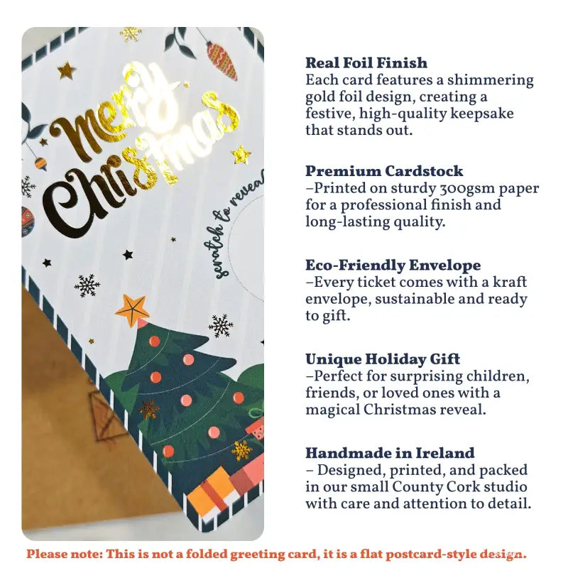 Christmas-themed postcard with gold foil design and tree illustration, featuring text about product features.