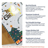 Christmas-themed postcard with gold foil design and tree illustration, featuring text about product features.