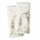Personalised 40g chocolate bar with floral arch design pink white roses gold foil on cream wedding packaging