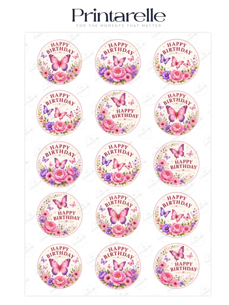 Pink and purple floral butterfly edible cupcake toppers perfect for birthday cupcakes decoration