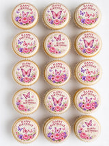 Pink and purple floral butterfly edible cupcake toppers perfect for birthday cupcakes with detailed floral designs