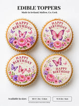 Floral butterfly edible cupcake toppers in pink and purple with butterfly and floral designs for birthday cupcakes