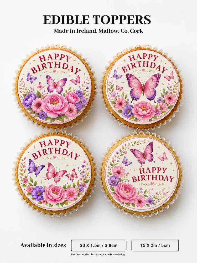 Floral butterfly edible cupcake toppers in pink and purple with butterfly and floral designs for birthday cupcakes