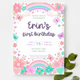 Floral Rainbow Butterfly 1st Birthday Party Invitation - floral rainbow butterfly, rainbow butterfly 1st, butterfly 1st