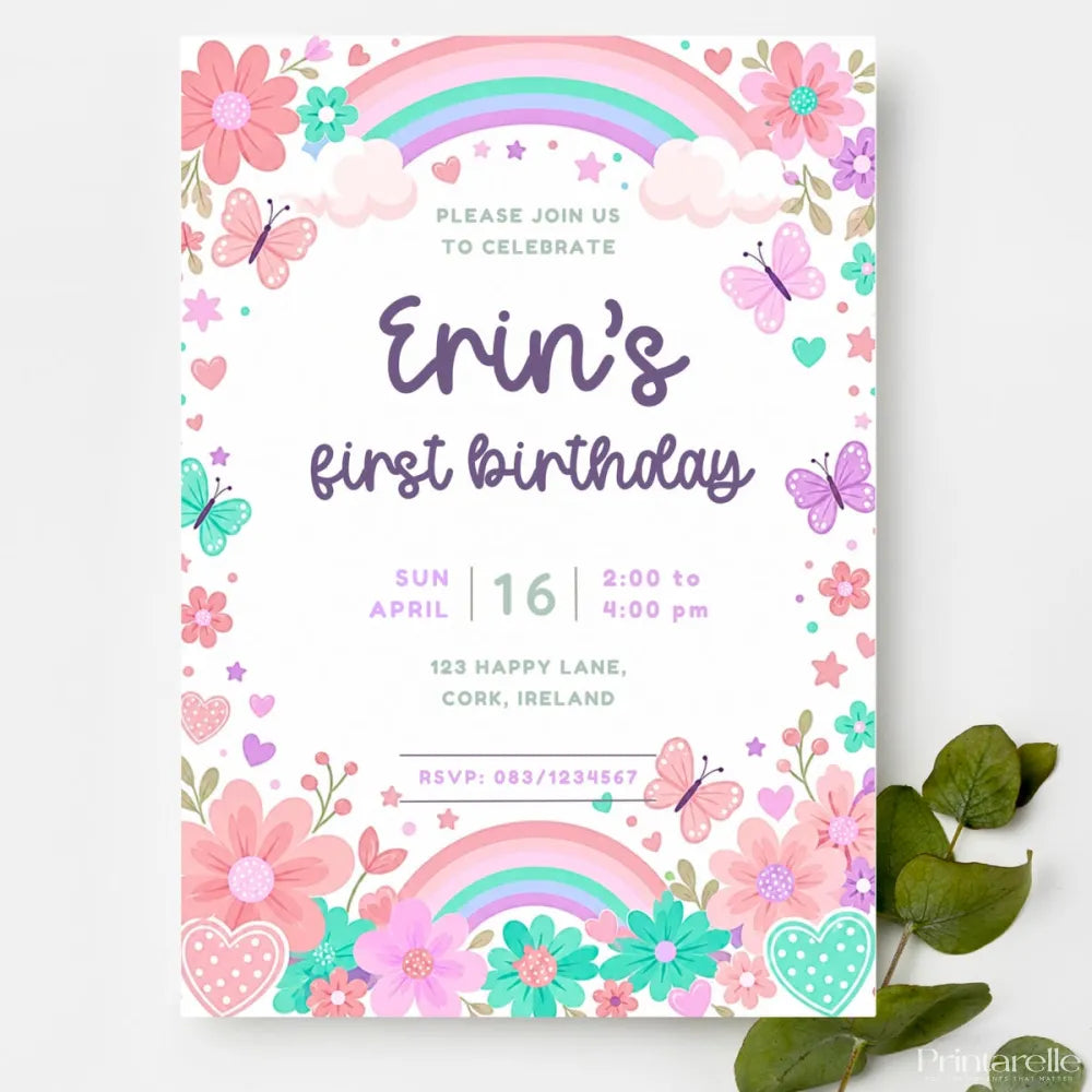 Floral Rainbow Butterfly 1st Birthday Party Invitation - floral rainbow butterfly, rainbow butterfly 1st, butterfly 1st