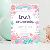 Floral Rainbow Butterfly 1st Birthday Party Invitation - floral rainbow butterfly, rainbow butterfly 1st, butterfly 1st