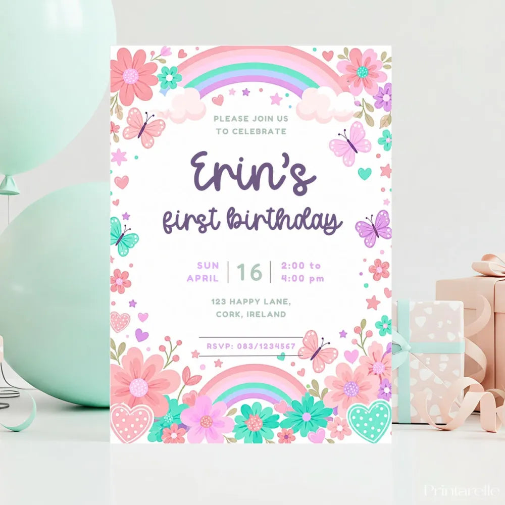 Floral Rainbow Butterfly 1st Birthday Party Invitation - floral rainbow butterfly, rainbow butterfly 1st, butterfly 1st