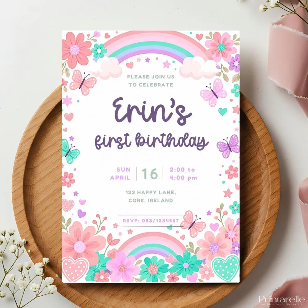 Floral Rainbow Butterfly 1st Birthday Party Invitation - floral rainbow butterfly, rainbow butterfly 1st, butterfly 1st