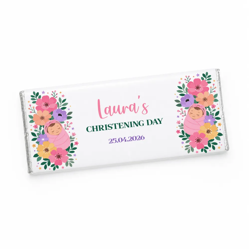 A personalized 40g white chocolate bar wrapped in foil with colorful floral swaddle and sleeping baby design