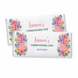 Personalized 40g white chocolate bars with colorful floral swaddle design and wrapped baby for lauras christening day