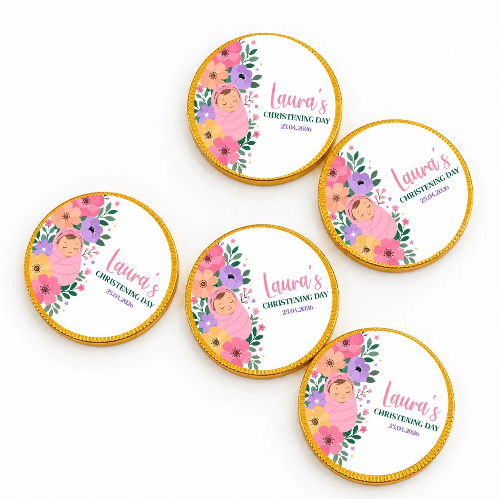 Round gold-edged 40mm milk chocolate coins with pink floral baby design for lauras christening day 25.04.2026