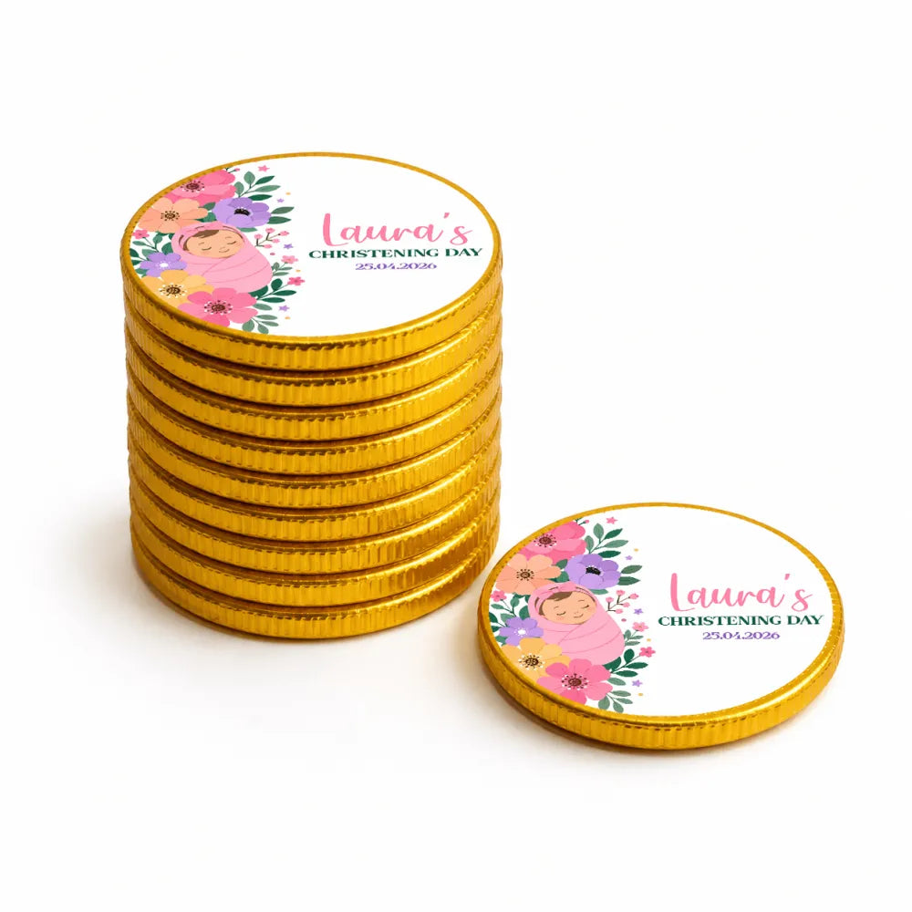 Golden 40mm milk chocolate coins with floral design and personalized laura’s christening day text on top surface