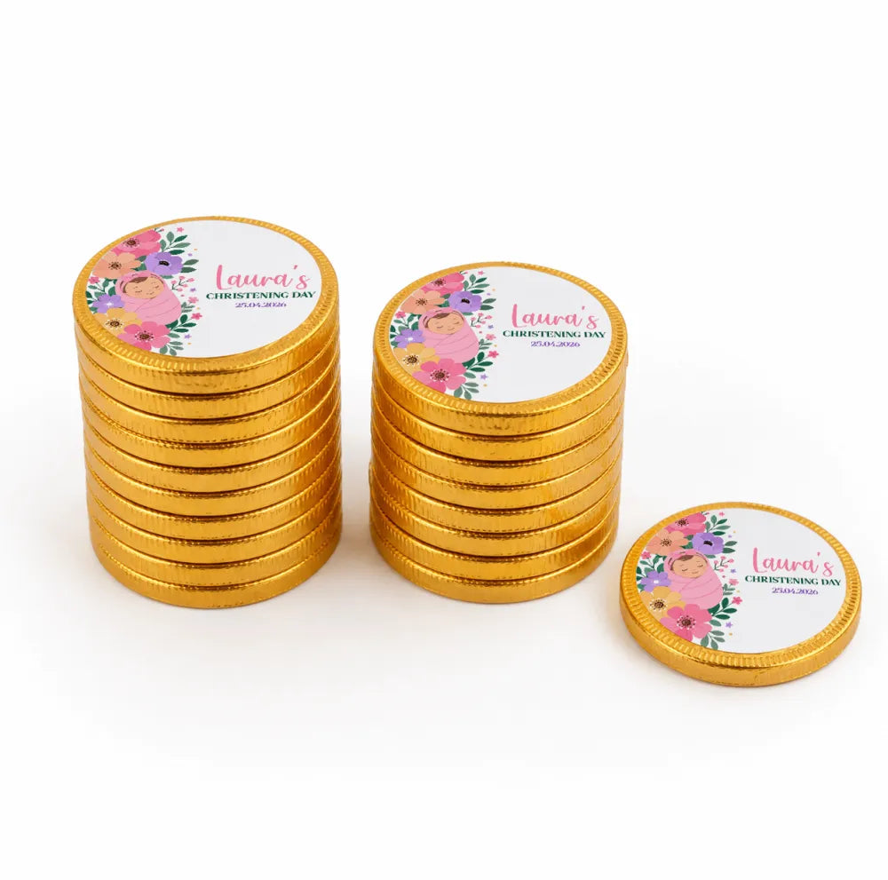 Golden 40mm milk chocolate coins with floral design and personalized lauras christening day label