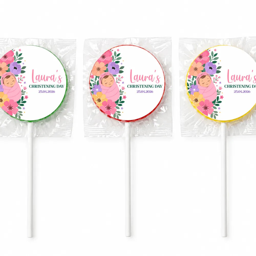 Three colorful floral swaddle design christening lollipops wrapped in clear plastic with baby and personalized text