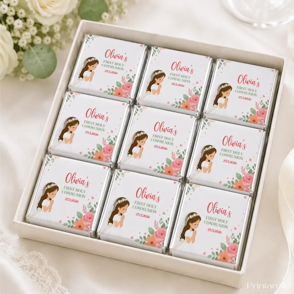 Personalized white chocolate mini neapolitan chocolates with pink floral designs and a girl illustration for communion