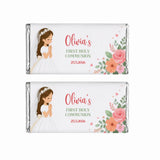 Personalised 40g white chocolate bar wrapped in silver foil with floral design and girl illustration for communion