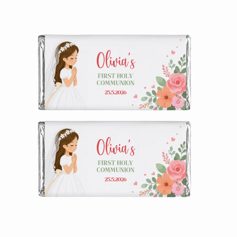 Personalised 40g white chocolate bar wrapped in silver foil with floral design and girl illustration for communion