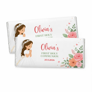 Personalised 40g white chocolate bar wrapped in silver foil with a floral veil communion design for olivia 25 5 2026