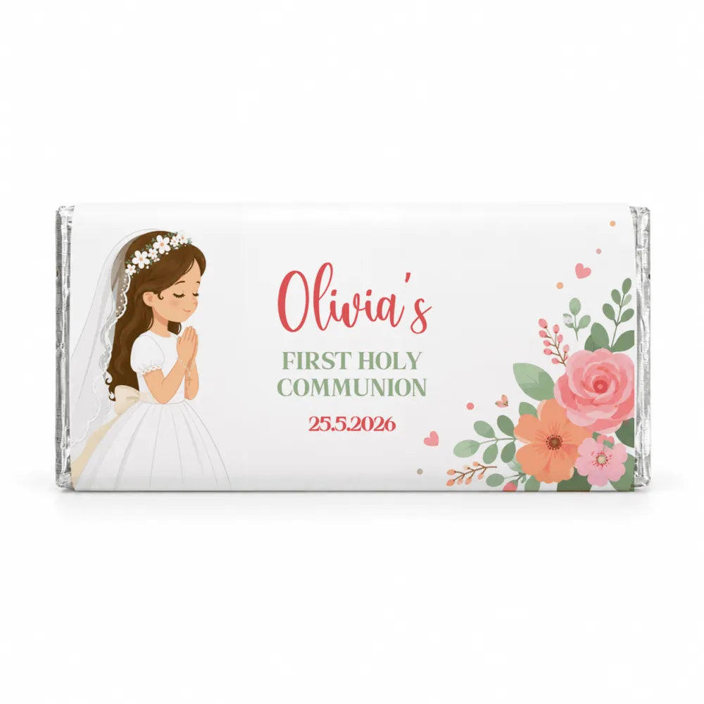 A personalised 40g white chocolate bar wrapped in clear foil with a cartoon girl and floral veil for communion