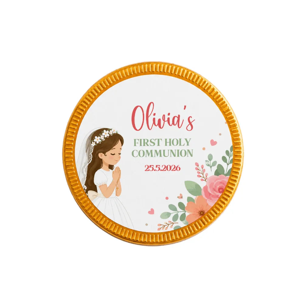 Personalised 40mm milk chocolate coins with gold edge featuring a girl in a white floral veil communion dress