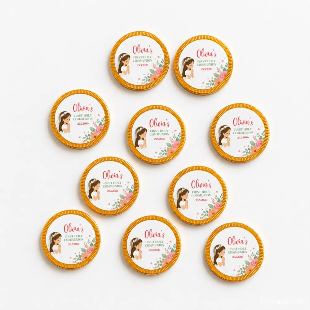 Round gold-rimmed 40mm milk chocolate coins with pink floral design and girl in communion outfit for floral veil communion