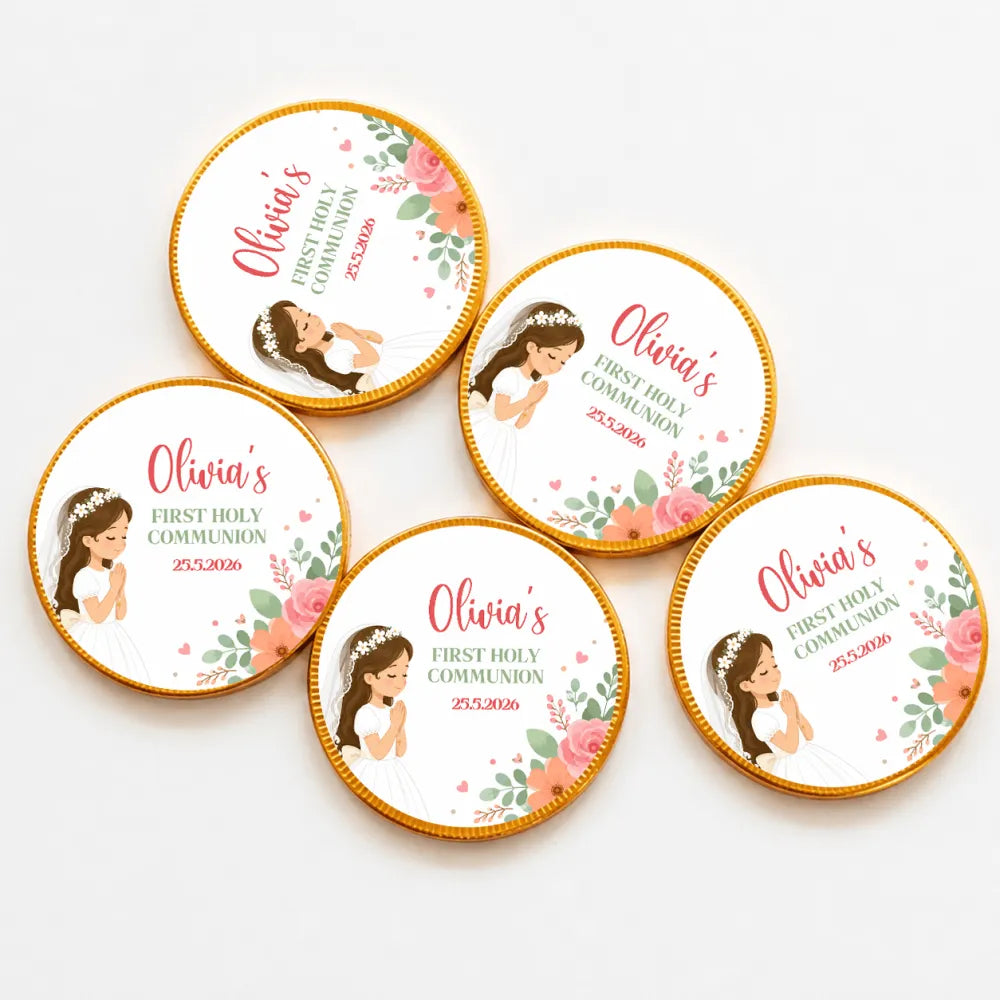 Round gold-edged 40mm milk chocolate coins with a cartoon girl white dress and floral veil communion design