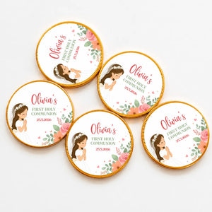 Round gold-edged 40mm milk chocolate coins with a cartoon girl white dress and floral veil communion design