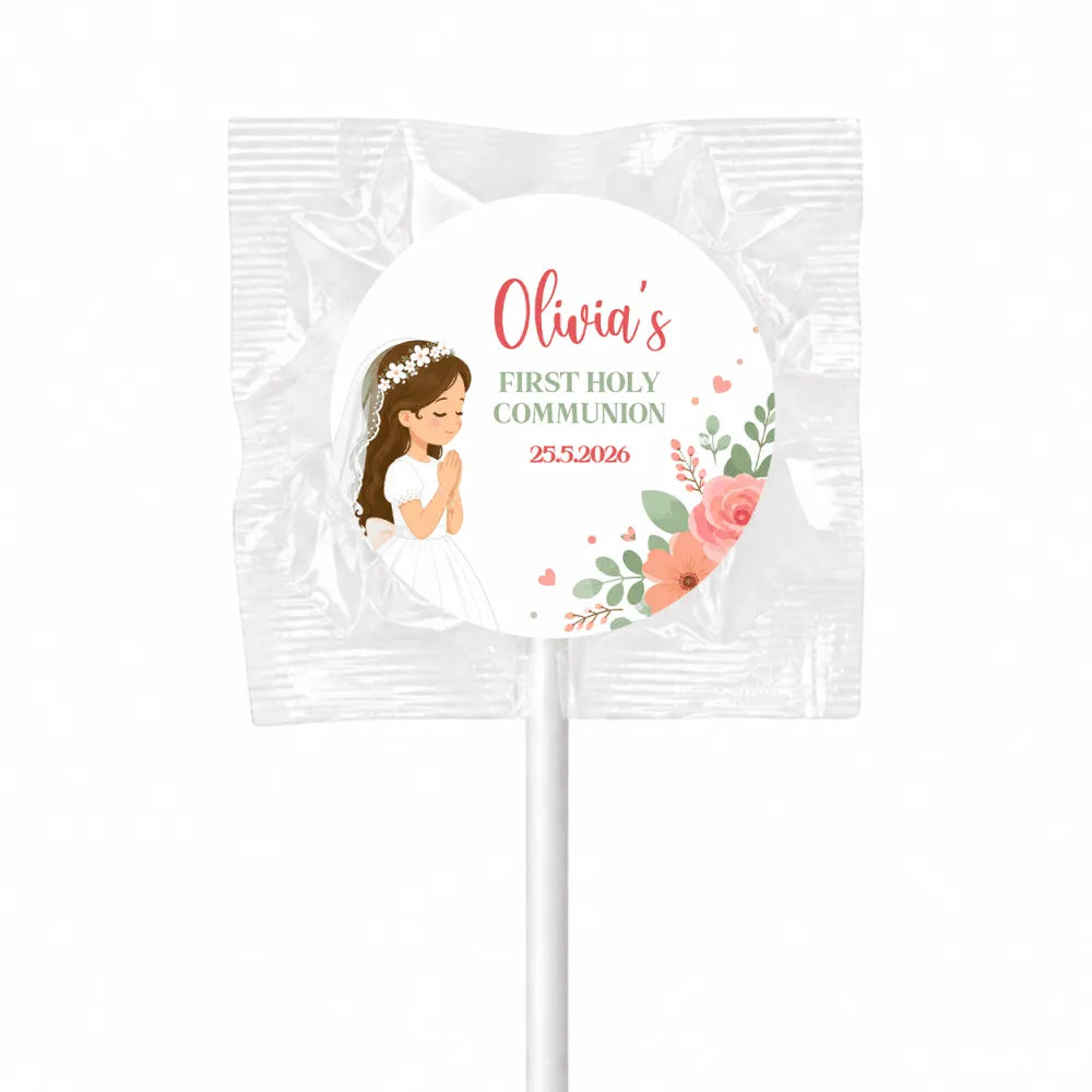 Personalized white wrapped fruit lollipop favour with floral veil design for olivia’s first holy communion 25.5.2026