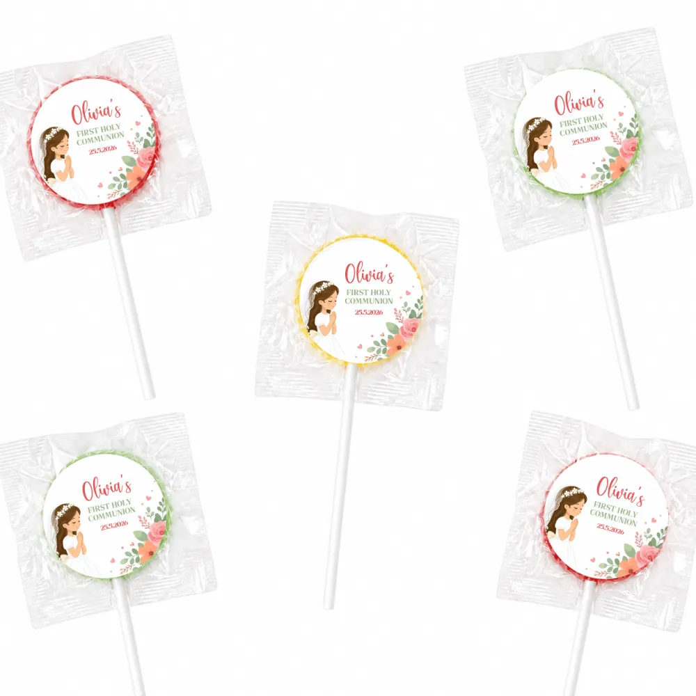 Personalized wrapped fruit lollipop with floral pink and green label for olivias first holy communion lollipop favours