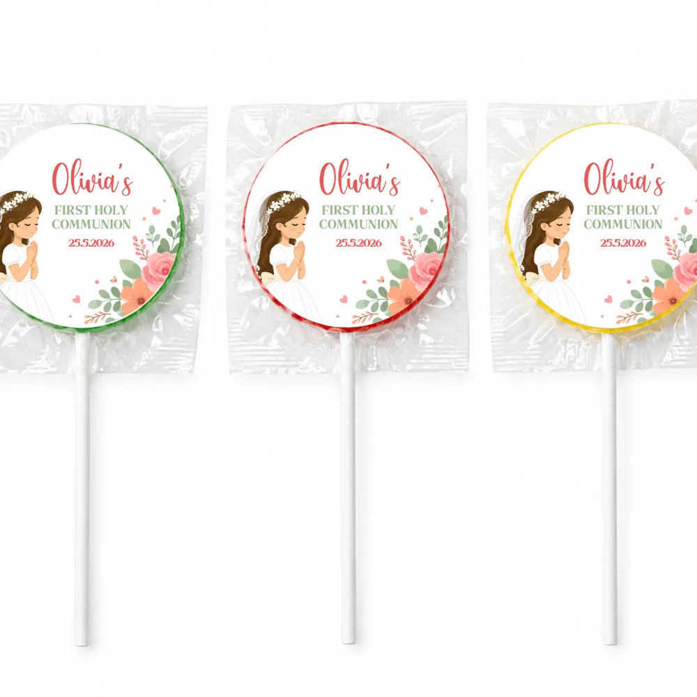 Three personalized wrapped fruit lollipops featuring a girl in a white dress with floral accents for lollipop favours