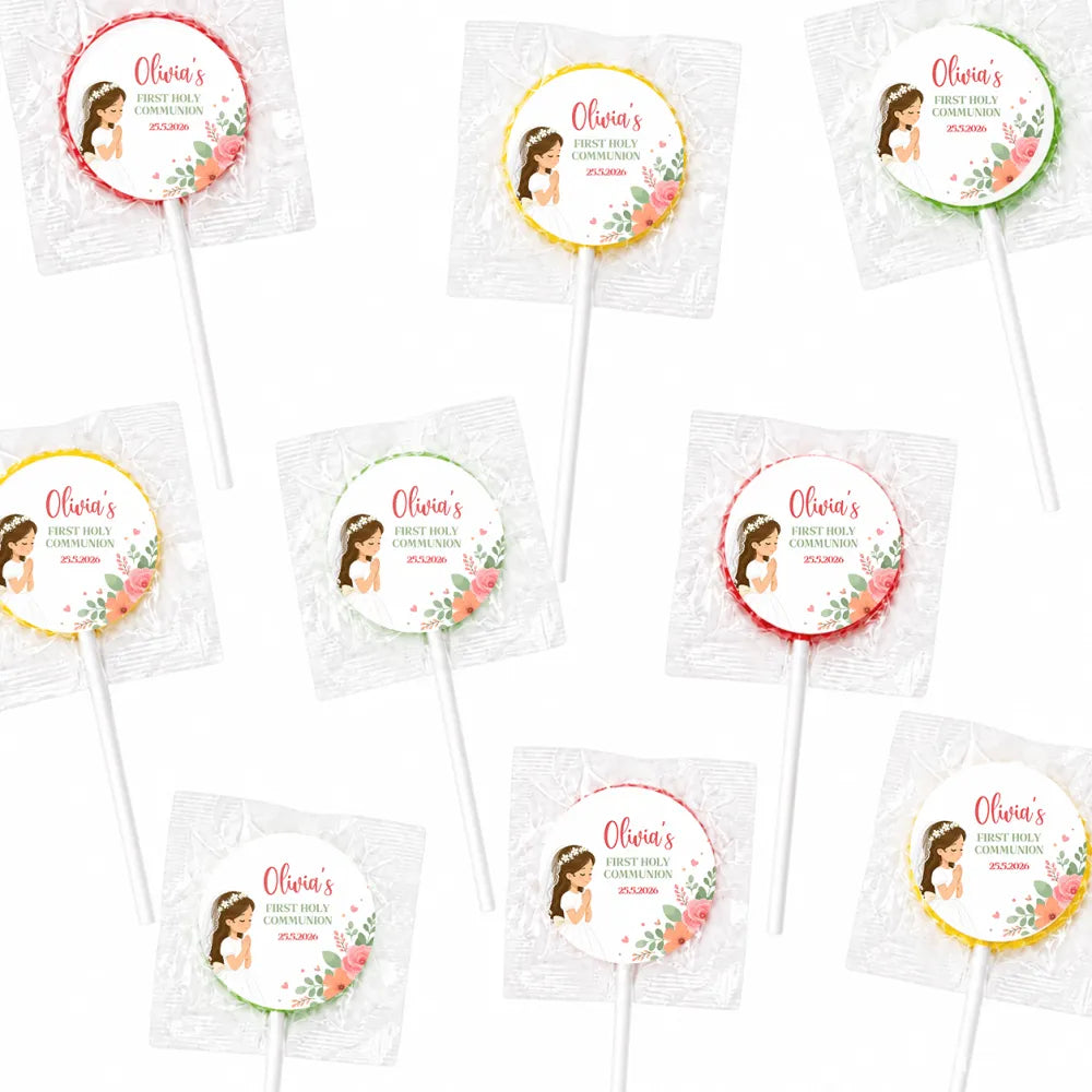 Colorful floral wrapped fruit lollipops with a cartoon girl personalized for olivia’s first holy communion lollipop favours