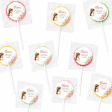 Colorful floral wrapped fruit lollipops with a cartoon girl personalized for olivia’s first holy communion lollipop favours