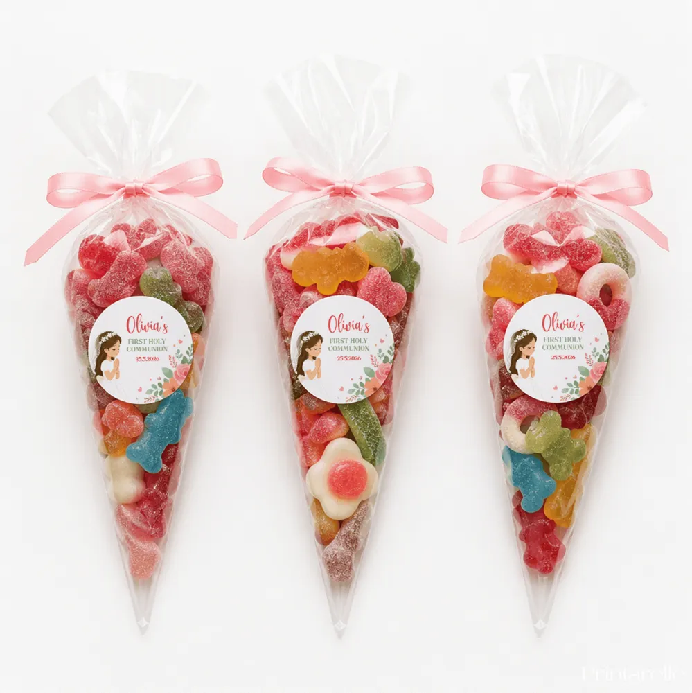 Three clear plastic floral veil communion sweet cones tied with pink ribbons and personalized olivia labels