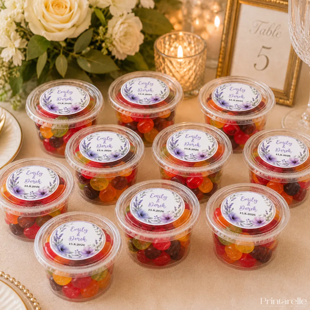 Clear plastic mini tub filled with colorful gummy candies sealed with floral wreath foiled white label for weddings