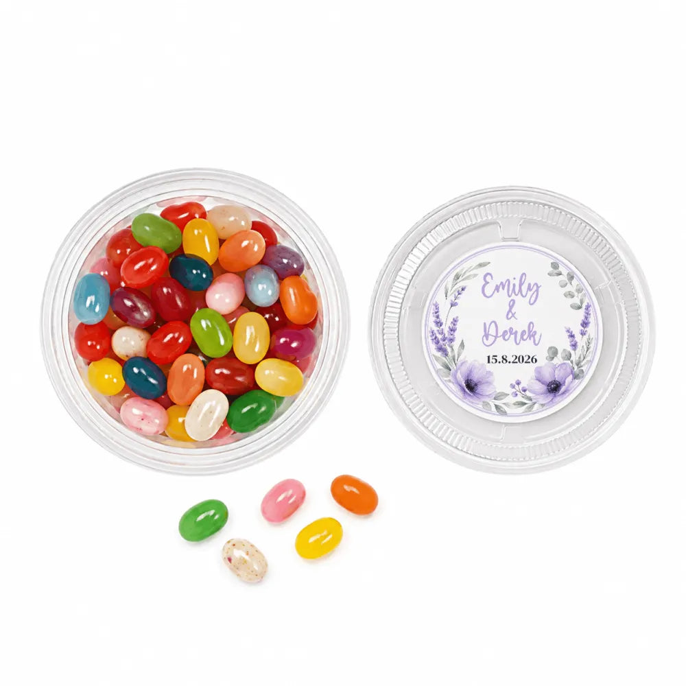Clear plastic mini tub with colorful jelly beans and a floral wreath foiled lavender lid design for weddings