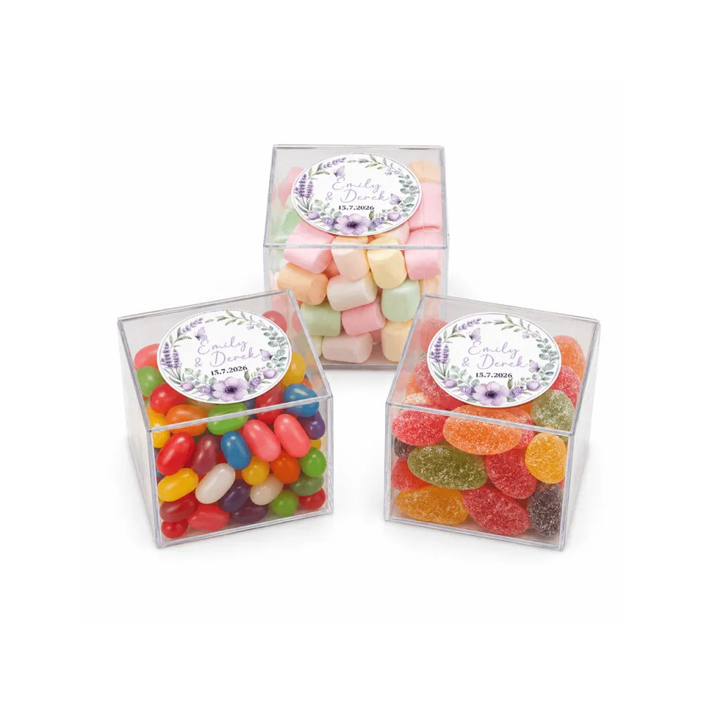 Clear square box with floral wreath foil sticker filled with colorful jelly beans marshmallows gummy candies for wedding date
