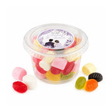 Clear plastic tub filled with colorful gummy candies featuring a floral wreath foiled sticker for weddings